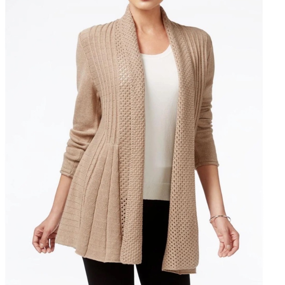 VICKI WAYNE Tan Open-Front Knit Tunic Length Cardigan Sweater S NWOT